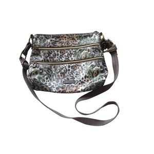 Sakroots Leopard Print Crossbody Bag Green Tan Animal Print Multi-Pocket Purse
